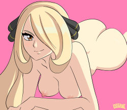 Rule 34 | 1girl, artist name, ass, blonde hair, blush, breasts, brown eyes, creatures (company), crossed arms, cynthia (pokemon), female focus, game freak, hair ornament, hair over one eye, highres, huge ass, long hair, looking at viewer, lying, lyotanc, medium breasts, nintendo, nipples, nude, on stomach, pink background, pokemon, pokemon dppt, signature, simple background, smile, solo, the pose