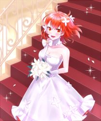 Rule 34 | 1girl, :d, bouquet, bow, breasts, choker, cleavage, collarbone, dress, fate/grand order, fate (series), floating hair, flower, fujimaru ritsuka (female), fujimaru ritsuka (female) (fgo orchestra), gloves, hair between eyes, hair flower, hair ornament, holding, holding bouquet, indoors, long dress, medium breasts, official alternate costume, one side up, open mouth, orange eyes, red hair, short hair, sleeveless, sleeveless dress, smile, solo, stairs, strapless, strapless dress, white bow, white dress, white flower, white gloves, xrfc8473