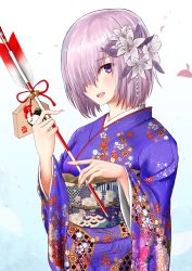 Rule 34 | 1girl, absurdres, alternate costume, arrow (projectile), bad id, bad pixiv id, cherry blossoms, fate/grand order, fate (series), flower, grey flower, hair flower, hair ornament, hair over one eye, highres, holding, holding arrow, japanese clothes, kimono, looking at viewer, mash kyrielight, nozoyuki, open mouth, purple eyes, purple hair, sash, seigaiha, short hair, simple background, solo, upper body, white background, yukata