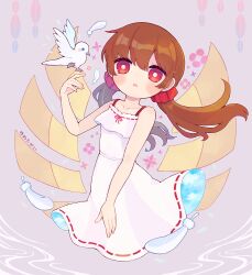 Rule 34 | 1girl, bird, blush, bright pupils, brown hair, collarbone, commentary request, copyright name, cropped legs, double exposure, dress, falling feathers, feathers, floating hair, flower (symbol), grey background, hair ornament, hair scrunchie, hand up, head tilt, highres, index finger raised, kekorin5, long hair, looking at viewer, low twintails, makitsuki, parted lips, red eyes, red ribbon, ribbon, ribbon trim, scrunchie, sky print, sleeveless, sleeveless dress, solo, spaghetti strap, sundress, twintails, white dress, white feathers, white pupils, yume tagai