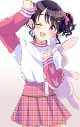 Rule 34 | 1girl, animal bag, backpack, bag, black hair, blush, commentary request, fangs, fukumaru koito, gradient background, hair ornament, hair ribbon, hairclip, highres, idolmaster, idolmaster shiny colors, long sleeves, looking at viewer, miniskirt, one eye closed, open mouth, pink eyes, pink skirt, plaid, plaid skirt, pleated skirt, potesara888, rabbit bag, ribbon, shirt, skin fangs, skirt, solo, twintails, white shirt