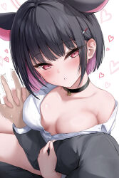 Rule 34 | 1boy, 1girl, :o, absurdres, animal ears, black choker, blue archive, blush, breasts, cat ears, cat girl, choker, cleavage, collarbone, colored inner hair, commentary request, extra ears, hair ornament, hairclip, halo, heart, highres, holding hands, interlocked fingers, kazusa (blue archive), long hair, looking at viewer, medium breasts, multicolored hair, off shoulder, pink hair, red eyes, shiranui (nisioisin sinob), simple background, solo focus, thighs, trembling, two-tone hair, white background, white halo