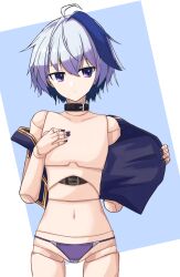 Rule 34 | 1girl, ahoge, belt collar, blue background, blue hair, blue jacket, blue nails, border, closed mouth, collar, collarbone, doll, doll joints, expressionless, flat chest, flower (vocaloid), flower (vocaloid4), hand on own chest, highres, holding, holding clothes, holding jacket, jacket, joints, looking to the side, multicolored hair, navel, no nipples, open clothes, open jacket, panties, purple eyes, purple panties, sena kizahashi, short hair, solo, streaked hair, tank top, two-tone hair, underwear, vocaloid, white border, white hair