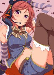Rule 34 | 10s, 1girl, breasts, brown hair, brown thighhighs, clearite, elbow gloves, gloves, headset, love live!, love live! school idol festival, love live! school idol project, md5 mismatch, midriff, nishikino maki, pinstripe pattern, purple eyes, red hair, resized, short shorts, shorts, striped clothes, striped gloves, thighhighs, zettai ryouiki