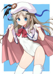 Rule 34 | 1girl, :o, absurdres, bat hair ornament, beret, blue background, blue eyes, blush, border, brown hair, cape, cape hold, capelet, commentary request, covered navel, hair ornament, hat, highres, leotard, little busters!, long hair, looking at viewer, nishizawa, noumi kudryavka, open mouth, pink capelet, solo, thighhighs, two-tone cape, white border, white cape, white hat, white leotard, white thighhighs