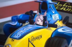 Rule 34 | 1girl, animal ears, balladeluce, blue gloves, blush, bow, car, clenched hands, cosplay, driving, ear bow, fernando alonso, fernando alonso (cosplay), formula one, formula racer, gloves, green bow, highres, horse, horse ears, horse girl, looking up, mejiro mcqueen (umamusume), motor vehicle, purple eyes, purple hair, race vehicle, racecar, racing suit, real life, renault, solo, spoiler (automobile), sponsor, umamusume, vehicle focus