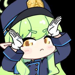 Rule 34 | 1girl, :&lt;, acomu414, animated, animated gif, armband, arms up, bad source, blue archive, blue armband, blue hat, buttons, chibi, commentary, double-breasted, gloves, green hair, green halo, halo, hat, hikari (blue archive), long hair, long sleeves, looking at viewer, looping animation, lowres, peaked cap, pointy ears, sidelocks, simple background, solo, symbol-only commentary, transparent background, v-shaped eyebrows, white gloves