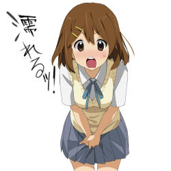 Rule 34 | 1girl, a1 (initial-g), absurdres, blush, brown eyes, brown hair, drooling, hair ornament, hairclip, highres, hirasawa yui, k-on!, leaning forward, open mouth, pleated skirt, ribbon, round teeth, school uniform, short hair, simple background, skirt, solo, sweater vest, teeth, translation request