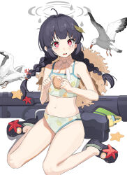 Rule 34 | 1girl, absurdres, ahoge, bare shoulders, bikini, bird, black footwear, black hair, blue archive, boller jiang, braid, bright pupils, clenched hands, commentary request, crocs, crying, crying with eyes open, dot nose, flat chest, grey halo, hair intakes, halo, hat, hat on back, highres, leaf, leaf on head, leaf print, long hair, miyu (blue archive), miyu (swimsuit) (blue archive), navel, official alternate costume, open mouth, red eyes, seagull, sitting, solo, starfish, stomach, straw hat, swimsuit, tears, twin braids, wariza, wavy mouth, white background, white bikini, white pupils