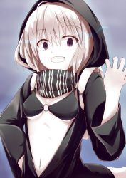 Rule 34 | 10s, 1girl, abyssal ship, backpack, bag, bikini, black bikini, black scarf, breasts, covered erect nipples, glowing, glowing eyes, grin, hand on own hip, highres, hino (2nd life), hood, hoodie, kantai collection, looking at viewer, navel, o-ring, o-ring top, pale skin, purple eyes, re-class battleship, scarf, short hair, small breasts, smile, solo, striped clothes, striped scarf, swimsuit, tail, white hair
