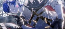 Rule 34 | 1boy, belt buckle, black gloves, blue eyes, blue hair, blurry, blurry background, buckle, bullet, chest harness, collared shirt, commentary request, earrings, gloves, gun, harness, highres, holding, holding gun, holding weapon, jewelry, kaito (vocaloid), long sleeves, looking at viewer, male focus, never give up cooking! (project sekai), official alternate costume, official alternate hairstyle, parang 99, project sekai, shirt, solo, teeth, twitter username, upper body, vivid bad squad (project sekai), vivid bad squad kaito, vocaloid, weapon