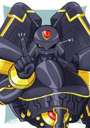 Rule 34 | alphamon, armor, digicore, digimon, digimon (creature), full armor, highres, one eye closed, red eyes, solo, wink