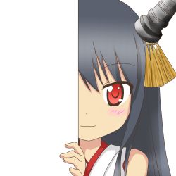 Rule 34 | 10s, 1girl, :3, black hair, fusou (kancolle), hair ornament, kantai collection, long hair, looking at viewer, nagineko, nontraditional miko, peeking out, red eyes, smile, solo, transparent background
