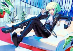 Rule 34 | 1boy, belt, biker clothes, black gloves, black jacket, blush, canata katana, couch, ascot, fire, gloves, green hair, half gloves, jacket, lio fotia, looking at viewer, male focus, multiple belts, pectorals, promare, purple eyes, solo