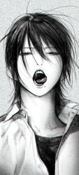 Rule 34 | 1boy, androgynous, collared shirt, dress shirt, duckchuni, greyscale, hair over eyes, half-closed eyes, highres, licking lips, looking at viewer, male focus, messy hair, mole, mole under mouth, monochrome, open mouth, original, portrait, shirt, simple background, solo, teeth, tongue, tongue out, undershirt