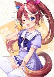 Rule 34 | 1girl, ;d, animal ears, bendy straw, blouse, blue eyes, blue shirt, blue skirt, brown hair, commentary request, cup, disposable cup, drinking straw, feet out of frame, frilled skirt, frills, hair ribbon, hand up, highres, holding, holding cup, horse ears, horse girl, horse tail, long hair, looking at viewer, multicolored hair, one eye closed, open mouth, pink ribbon, pk (mukasihasakana), pleated skirt, ponytail, puffy short sleeves, puffy sleeves, purple shirt, ribbon, school uniform, shirt, short sleeves, skirt, smile, solo, streaked hair, tail, thighhighs, tokai teio (umamusume), tracen school uniform, umamusume, very long hair, white hair, white thighhighs