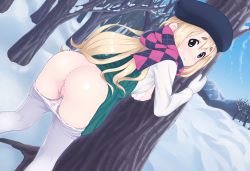 Rule 34 | 1girl, against tree, argyle, argyle clothes, argyle scarf, ass, bad id, bad tumblr id, beret, blonde hair, blue eyes, blush, bra, bra pull, breasts, clothes pull, dutch angle, eyebrows, hat, hetero, highres, k-on!, k-on! movie, kotobuki tsumugi, long hair, md5 mismatch, mittens, nipples, outdoors, panties, panty pull, pantyhose, pantyhose pull, presenting, public indecency, pussy, pussy juice, resized, rikorin, scarf, snow, solo, tree, uncensored, underwear, upscaled, white pantyhose