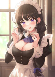 Rule 34 | 1girl, ascot, black hair, blush, braid, breasts, cleavage, commentary request, unworn eyewear, glasses, hair ribbon, highres, holding, holding removed eyewear, large breasts, maid, medium breasts, mikami nacaba, open mouth, original, purple ascot, purple eyes, ribbon, smile, solo, sunlight, window