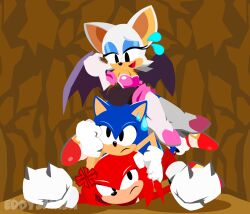 1girl 2boys anger_vein animal_ears artist_name bat_ears bat_girl bat_wings blue_eyeshadow closed_mouth commentary eddysmash2407 english_commentary eyelashes eyeshadow gloves half-closed_eyes hedgehog_boy highres knuckles_the_echidna makeup multiple_boys open_mouth rouge_the_bat sonic_(series) sonic_the_hedgehog white_gloves wings