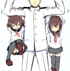 Rule 34 | 10s, 1boy, 2girls, :d, ^ ^, admiral (kancolle), arms up, brown hair, carrying, closed eyes, fang, folded ponytail, frown, hair ornament, hairclip, highres, ikazuchi (kancolle), inazuma (kancolle), kantai collection, leg lift, loafers, long hair, military, military uniform, momo (higanbana and girl), multiple girls, open mouth, panties, pantyshot, ponytail, school uniform, serafuku, shoes, sketch, smile, thighhighs, trembling, underwear, uniform, upskirt, white panties