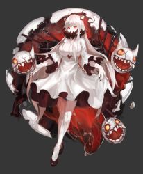 Rule 34 | 10s, 1girl, absurdres, abyssal ship, annnna, breasts, cleavage, colored skin, covered mouth, dress, female focus, full body, grey background, highres, horns, kantai collection, large breasts, long hair, looking at viewer, midway princess, red eyes, simple background, solo, veins, very long hair, white dress, white hair, white skin