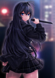 Rule 34 | 1girl, ahoge, back, black hair, black jacket, blue eyes, blurry, blurry background, cain (gunnermul), city lights, clenched hand, closed mouth, cowboy shot, hair between eyes, hand up, highres, holding, holding knife, jacket, knife, long hair, looking at viewer, looking back, night, night sky, original, outdoors, plaid, plaid skirt, pleated skirt, reverse grip, skirt, sky, weapon
