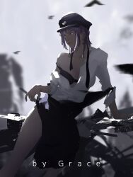 1girl absurdres artist_name bird black_bra black_dress bra breasts chainsaw_man crow dress earrings fami_(chainsaw_man) fourth_east_high_school_uniform graceart0518 hat highres jewelry outdoors partially_undressed peaked_cap purple_eyes purple_hair school_uniform shirt small_breasts solo underwear white_shirt