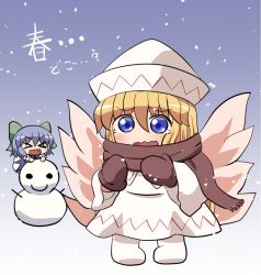 Rule 34 | 2girls, black bow, black bowtie, blonde hair, blue dress, blue eyes, blue hair, blush, boots, bow, bowtie, brown gloves, brown scarf, chibi, cirno, closed eyes, collared dress, collared shirt, commentary request, dress, fairy wings, flying, full body, gloves, gradient background, green bow, hair between eyes, hands up, hat, lily white, long hair, long sleeves, looking at viewer, multiple girls, no wings, open mouth, puffy short sleeves, puffy sleeves, purple background, rokugou daisuke, scarf, shirt, short hair, short sleeves, smile, snow, snowing, snowman, standing, tears, touhou, translation request, v-shaped eyebrows, very long hair, white background, white dress, white footwear, white headwear, white shirt, wide sleeves, wings