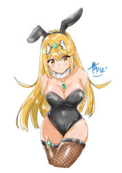 Rule 34 | 1girl, absurdres, alternate costume, animal ears, blonde hair, blue fox (aoba), blush, breasts, cleavage, covered navel, cowboy shot, fake animal ears, fishnet thighhighs, fishnets, gem, hair ornament, headpiece, highres, jewelry, large breasts, leotard, long hair, mythra (xenoblade), nintendo, playboy bunny, rabbit ears, shiny skin, simple background, smile, solo, swept bangs, thighhighs, thighs, tiara, tray, very long hair, white background, xenoblade chronicles (series), xenoblade chronicles 2, yellow eyes