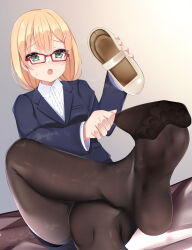 Rule 34 | 1girl, absurdres, blonde hair, blush, clothes pull, crossed legs, feet, glasses, green eyes, highres, jamie hazaford, long hair, looking at viewer, monkey kusai, open mouth, pantyhose, pantyhose pull, shirogane no ishi argevollen, shoes, single shoe, soles, steam, toes, unworn shoes
