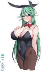 Rule 34 | 1girl, alternate breast size, animal ears, bare shoulders, black leotard, black pantyhose, black ribbon, blue eyes, blush, bow, bowtie, breasts, cleavage, detached collar, fake animal ears, green hair, hair between eyes, hair flaps, hair ornament, hair ribbon, hairclip, hashtag-only commentary, highres, kantai collection, large breasts, leotard, long hair, looking at viewer, open mouth, pantyhose, playboy bunny, ponytail, rabbit ears, rabbit tail, ribbon, solo, strapless, strapless leotard, tail, tf cafe, twitter username, wrist cuffs, yamakaze (kancolle)