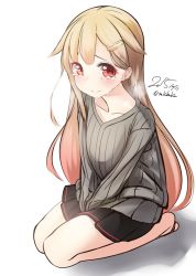 Rule 34 | 10s, 1girl, 2015, black skirt, blonde hair, closed mouth, dated, gradient hair, hair flaps, hair ornament, hairclip, highres, jpeg artifacts, kantai collection, long hair, multicolored hair, nekobaka, one-hour drawing challenge, pleated skirt, red eyes, ribbed sweater, skirt, solo, sweater, tears, twitter username, yuudachi (kancolle), yuudachi kai ni (kancolle)