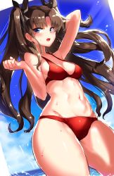 Rule 34 | 1girl, bikini, black hair, blue eyes, breasts, cowboy shot, fate/stay night, fate (series), highres, long hair, medium breasts, navel, official alternate costume, open mouth, red bikini, solo, splashing, suurin (ksyaro), swimsuit, thick thighs, thighs, tohsaka rin, twintails, two side up