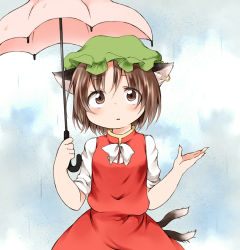 Rule 34 | 1girl, animal ear fluff, animal ears, blush, bow, bowtie, breasts, brown eyes, brown hair, cat ears, cat tail, chen, cloud, cowboy shot, dress, earrings, fingernails, gold trim, green hat, hair between eyes, hands up, hat, holding, holding umbrella, jewelry, long fingernails, looking up, mob cap, multiple tails, nanana (chicken union), nekomata, parted lips, pink umbrella, rain, red dress, sanpaku, sharp fingernails, short hair, short sleeves, single earring, small breasts, solo, tail, touhou, two tails, umbrella, white bow, white bowtie