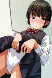 Rule 34 | 1girl, black hair, black skirt, black sweater vest, blush, bow, bow panties, bowtie, brown eyes, ceiling, clothes lift, from below, highres, long sleeves, looking at viewer, matsunaga kouyou, open mouth, panties, red bow, red bowtie, school uniform, shirt, short hair, skirt, skirt lift, standing, striped bow, striped bowtie, striped clothes, sweater vest, underwear, white panties, white shirt