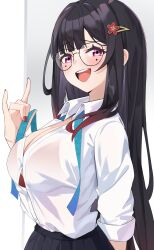 Rule 34 | 1girl, :d, absurdres, band (skymole01), black hair, black skirt, blush, bra, breasts, cleavage, commentary, facial mark, glasses, hair ornament, highres, honkai: star rail, honkai (series), large breasts, long hair, long sleeves, looking at viewer, nail polish, open mouth, pink eyes, pleated skirt, red bra, red nails, shirt, skirt, smile, solo, sparkle (honkai: star rail), underwear, upper body, very long hair, white shirt