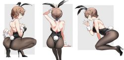 Rule 34 | 1girl, ahoge, animal ears, arm support, arm up, ass, back, backless outfit, braid, brown hair, condom, condom packet strip, condom wrapper, copyright request, detached collar, fake animal ears, green eyes, high heels, highleg, highleg leotard, highres, kneeling, leotard, nail polish, nakamura rohane, no bra, pantyhose, playboy bunny, profile, rabbit ears, rabbit tail, shoulder blades, simple background, sitting, squatting, tail, tongue, tongue out, wrist cuffs