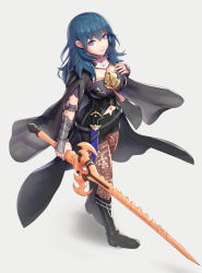 Rule 34 | 1girl, armor, black armor, black cape, black footwear, black shorts, blue eyes, blue hair, boots, breasts, brown pantyhose, byleth (female) (fire emblem), byleth (fire emblem), cape, cleavage cutout, closed mouth, clothing cutout, commentary request, dagger, detached collar, emblem, fire emblem, fire emblem: three houses, from above, full body, gauntlets, gonzarez, grey background, hair between eyes, hand on own chest, heroes relic (fire emblem), high heel boots, high heels, highres, holding, holding sword, holding weapon, knife, lace, lace-trimmed legwear, lace trim, large breasts, long hair, looking at viewer, looking up, navel, navel cutout, nintendo, pantyhose, pantyhose under shorts, patterned clothing, shadow, short shorts, shorts, shoulder armor, sidelocks, simple background, solo, sword, sword of the creator, weapon, wrist guards