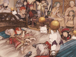 Rule 34 | 10s, 6+boys, 6+girls, animal ears, arm around shoulder, armor, barefoot, bed, black hair, blush, braid, brown hair, child, closed eyes, door, dress, earrings, elezen, elf, facial mark, final fantasy, final fantasy xiv, frown, gloves, grin, hand on another&#039;s head, hat, hat feather, heart, hyur, indoors, jewelry, lalafell, laughing, long hair, looking at another, looking at viewer, lying, maeka (kumaekake), miqo&#039;te, moogle, multiple boys, multiple girls, on bed, open mouth, pillow, pointy ears, red hair, robe, short hair, sitting, sleeping, smile, sword, tail, weapon, white hair, wings, zzz