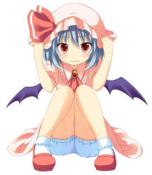 Rule 34 | 1girl, ascot, bat wings, bloomers, blue hair, blush, brooch, charisma guard, child, cowering, dress, female focus, frilled shirt collar, frilled skirt, frilled sleeves, frills, hands on headwear, hat, hat ribbon, hat tug, jewelry, knees together feet apart, looking at viewer, mashima (sumachi), mob cap, pink dress, pink skirt, red eyes, red ribbon, remilia scarlet, ribbon, shoes, short hair, short sleeves, sitting, skirt, solo, touhou, underwear, wavy mouth, wings