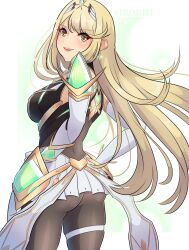 Rule 34 | 1girl, armor, ass, blonde hair, breasts, circlet, dress, elbow gloves, from behind, gloves, highres, long hair, looking at viewer, medium breasts, mythra (massive melee) (xenoblade), mythra (xenoblade), open mouth, pantyhose, parted lips, short dress, sideboob, skirt, smile, solo, very long hair, xenoblade chronicles (series), xenoblade chronicles 2, yaizaberry, yellow eyes
