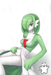 Rule 34 | 1girl, bob cut, breasts, bright pupils, closed mouth, colored skin, creatures (company), female focus, game freak, gardevoir, gen 3 pokemon, green hair, green skin, groin, hair over one eye, half-closed eyes, highres, lalan, leaning back, looking at viewer, medium breasts, multicolored skin, nintendo, one eye covered, pokemon, pokemon (creature), rain, red eyes, short hair, sidelocks, simple background, sitting, solo, thighs, two-tone skin, water drop, wet, wet hair, white background, white pupils, white skin