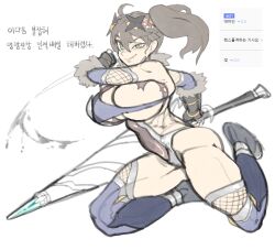 Rule 34 | 1girl, absurdres, breasts, erzengel (akakgo), full body, highres, korean text, lance, large breasts, leotard, original, polearm, second-party source, solo, taimanin (series), weapon, white background
