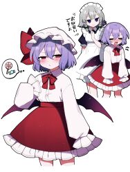 Rule 34 | 2girls, absurdres, adapted costume, black headwear, blue eyes, blush, closed mouth, collared shirt, grey hair, hair between eyes, hat, highres, izayoi sakuya, maid, maid headdress, mob cap, multiple girls, open mouth, pink shirt, purple hair, red eyes, red skirt, remilia scarlet, shirt, short hair, simple background, skirt, sleeves past fingers, sleeves past wrists, smile, touhou, translation request, white background, white headwear, you (noanoamoemoe)