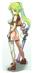 Rule 34 | ass, boots, braid, dual wielding, from behind, green eyes, green hair, hikage eiji, holding, leotard, long hair, long image, looking back, original, pointy ears, ponytail, side braid, solo, sword, tall image, thighhighs, twin braids, weapon