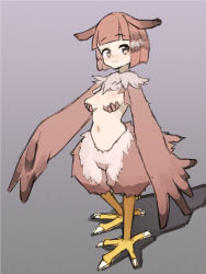 Rule 34 | 1girl, blush, breasts, brown eyes, brown hair, claws, cleavage, feathers, harpy, looking at viewer, monster girl, navel, nijitama shiyushiyu, short hair, smile, solo
