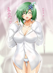 Rule 34 | 1990s (style), 1girl, breasts, cleavage, dress shirt, closed eyes, final fantasy, final fantasy iv, green hair, hair ornament, happy, heart, hip focus, large breasts, aged up, panties, rydia (ff4), shirt, smile, solo, underwear, wide hips, yasakani an