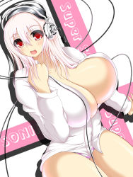 Rule 34 | 1girl, bad id, bad pixiv id, blush, breasts, cleavage, headphones, highres, huge breasts, long hair, nitroplus, open mouth, panties, pink hair, red eyes, solo, striped clothes, striped panties, super sonico, syroh, underwear