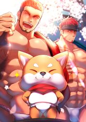 Rule 34 | 2boys, abs, absurdres, bara, bare pectorals, beard, black hair, blush, bottle, brown hair, cherry blossoms, closed eyes, creature, crow (siranui), drunk, facial hair, fundoshi, green eyes, gyee, headband, highres, holding, holding bottle, huge filesize, japanese clothes, kimono, large pectorals, long sideburns, looking at another, male focus, male underwear, mascot, multicolored hair, multiple boys, muscular, musso (gyee), navel, open clothes, open kimono, open mouth, orange hair, pectorals, rand (gyee), red hair, red kimono, revealing clothes, scar, sideburns, smile, sparkle, standing, stubble, underwear, upper body, white male underwear