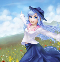 Rule 34 | 1girl, :d, blouse, blue eyes, blue hair, blue hat, blue skirt, blue sky, breasts, cloud, collarbone, day, eyelashes, floating hair, flower, grass, hat, highres, jioko (ckraud), light blue hair, long hair, long skirt, long sleeves, looking at viewer, lorna, mabinogi, mountain, mountainous horizon, open mouth, outdoors, outstretched arms, pink sailor collar, red flower, sailor collar, shirt, skirt, sky, small breasts, smile, solo, spread arms, swept bangs, teeth, white flower, white shirt, yellow flower